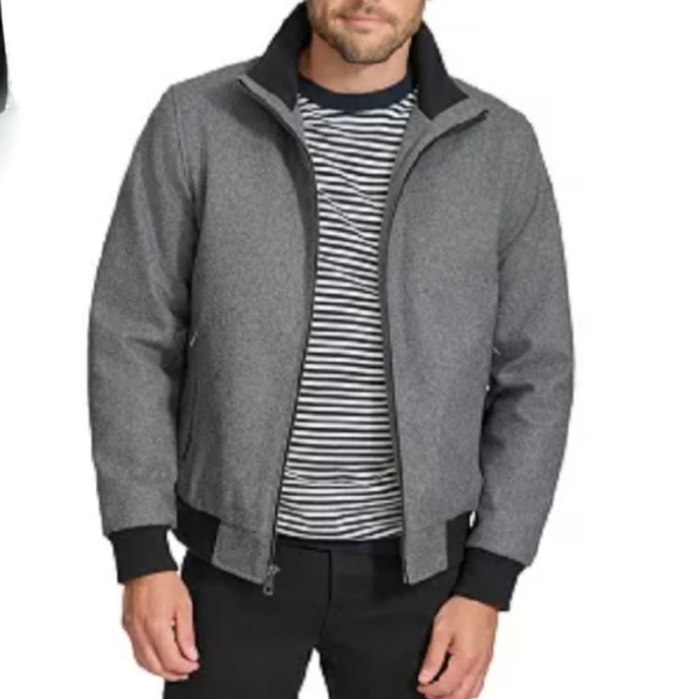 Calvin Klein NWOT Sexy Gray Wool Zip Front Poly Filled Bomber Jacket Sz Lg *Flaw